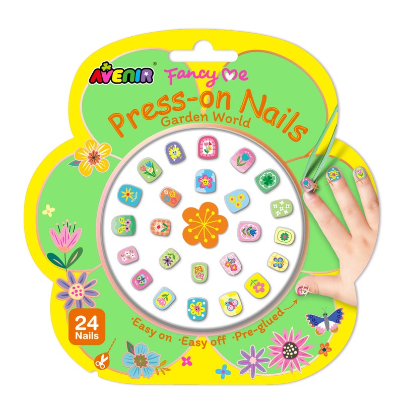 Avenir - Fancy Me Press-On Nails for Kids – Garden World | 24 Pre-Glued Artificial Nails with Tweezer | Easy Apply & Remove | Fun Nail Art Kit for Girls & Gift Set - Image 1