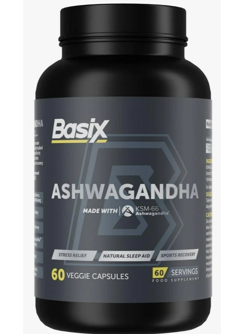 Basix Ashwagandha KSM-66 Extra Strength 600mg - Stress Relief Formula, Natural Mood Support, Stress, Focus, and Energy Support Supplement, 60 Vegetarian Capsules - Image 1