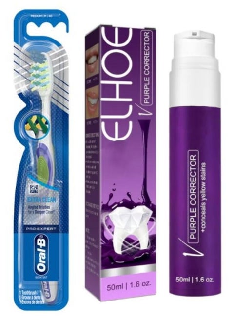 ELHOE Whitening Color Correcting Toothpaste 50ml with Oral-B Extra Clean Pro Expert Soft 40 Toothbrush Multicolour
