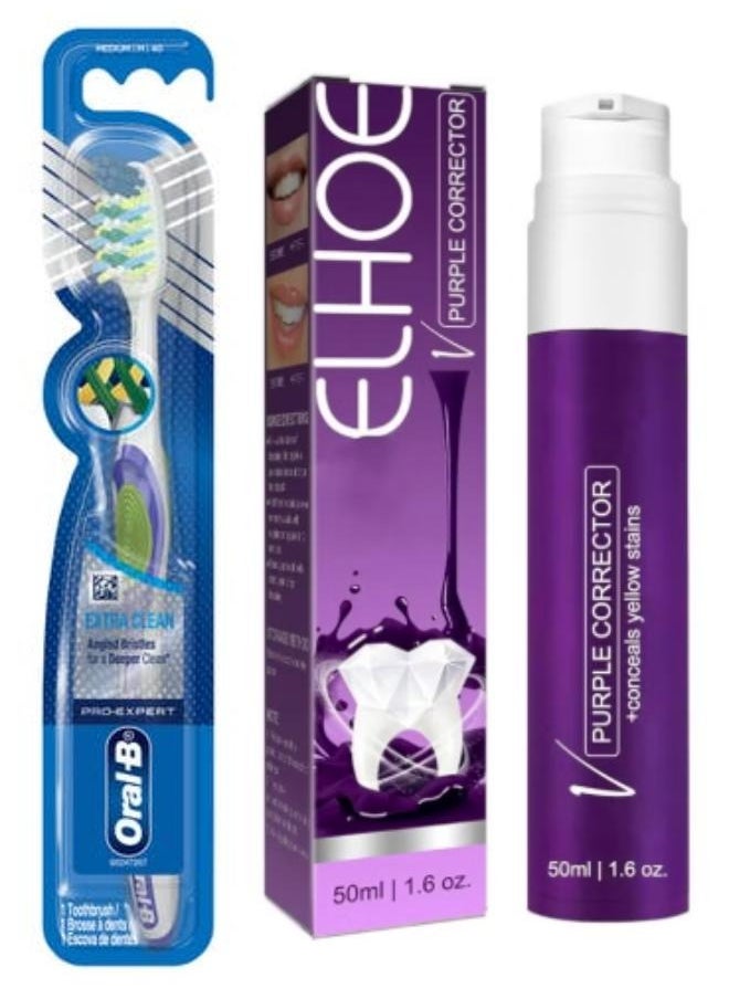 ELHOE Whitening Color Correcting Toothpaste 50ml with Oral-B Extra Clean Pro Expert Soft 40 Toothbrush Multicolour