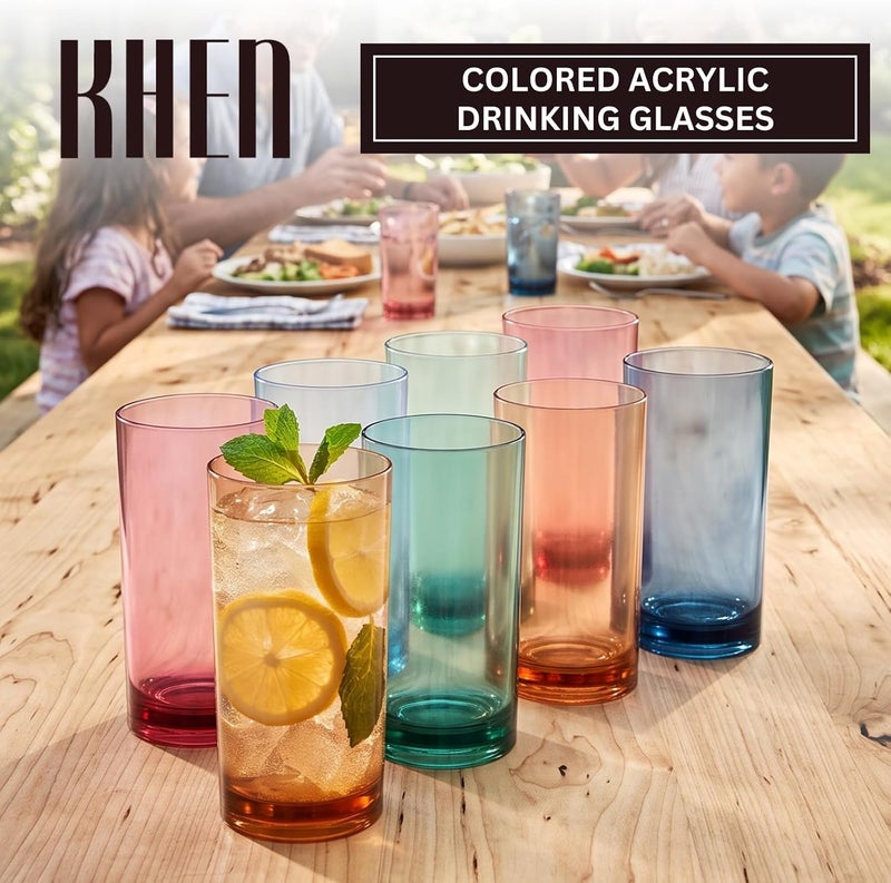 Khen Colored Plastic Reusable Drinking Glasses | Set of 8 | Restaurant Style 16 oz Muted Acrylic Unbreakable Tall Tumbler, Juice, Wine Cups | BPA-Free Tumblers | Top-Rack Dishwasher Safe Shatterproof - Image 2