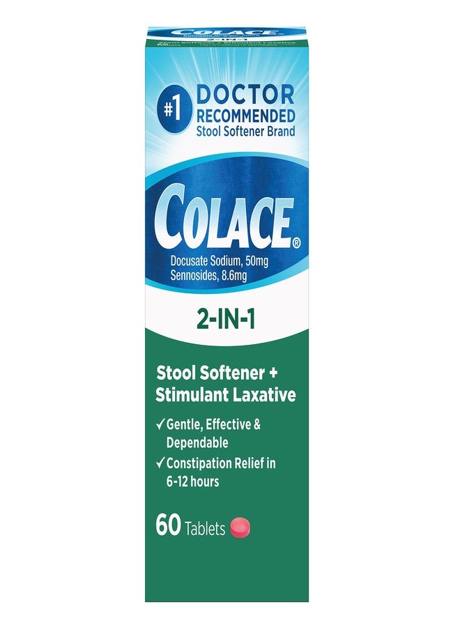 Colace 2-In-1 Stool Softener Plus Stimulant Laxative for Gentle Effective Constipation Relief, Docusate Sodium Plus Sennosides, 60 Count - Image 1