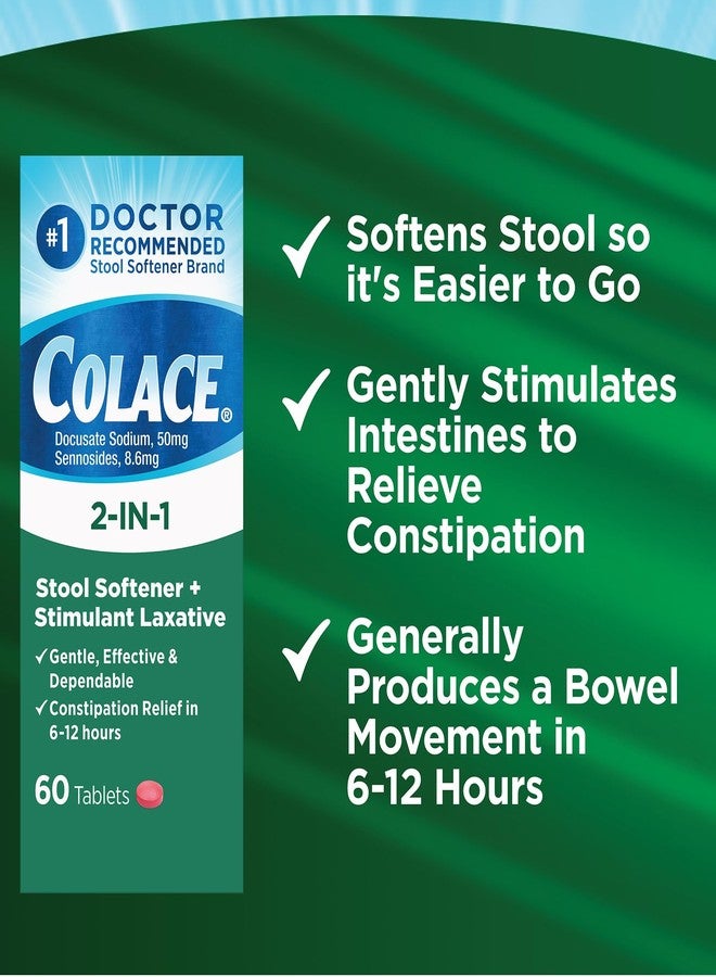 Colace 2-In-1 Stool Softener Plus Stimulant Laxative for Gentle Effective Constipation Relief, Docusate Sodium Plus Sennosides, 60 Count - Image 4