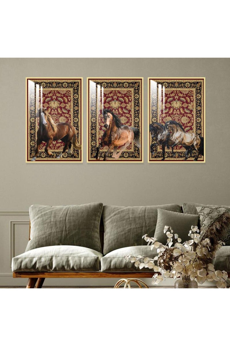 Marktna Three wooden wall painting with a horse design, with a frame and a clear acrylic layer. - Image 1