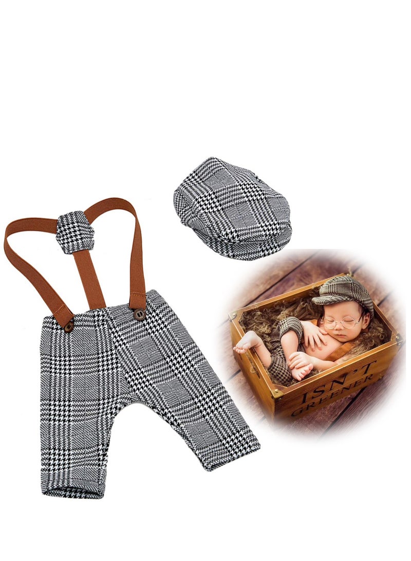 SOLARAE Newborn Photography Props: Retro Plaid Suspenders, Flat Cap, and Duck Tongue Hat Suit for Boys - Stylish Dark Gray Outfit for Cool Baby Boys. - Image 1
