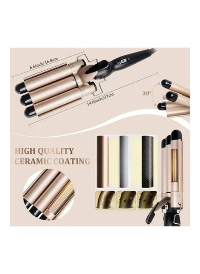 SHOPI 3 Barrel Curling Iron Professional Hair Curler Wand, Curling Tongs 3-Barrel Curling Iron Wand Hair Crimper, Heated Ceramic Hair Crimper Iron Golden/Black  - Image 4