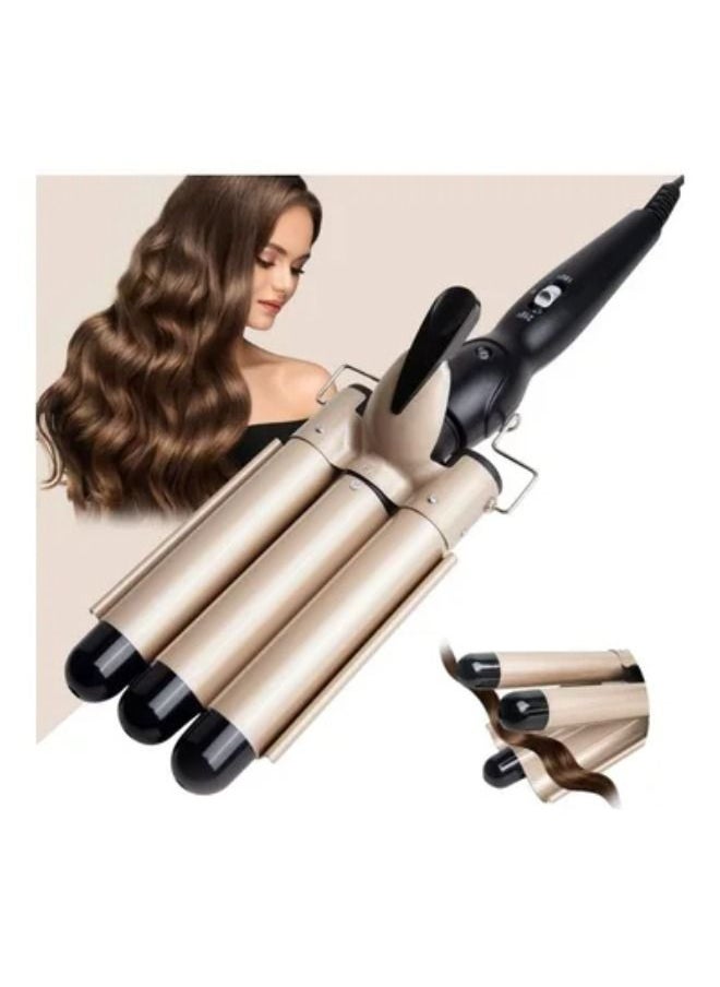 SHOPI 3 Barrel Curling Iron Professional Hair Curler Wand, Curling Tongs 3-Barrel Curling Iron Wand Hair Crimper, Heated Ceramic Hair Crimper Iron Golden/Black  - Image 1