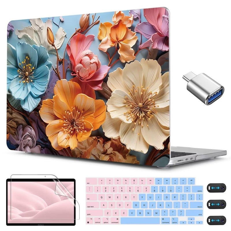 CISSOOK for MacBook Air 13 inch M2 M3 M4 Case 2022 2023 2024 2025 2026 Release, Flower Hard Shell Cases with Keyboard Cover OTG Adapter for MacBook Air 13.6 inch A3240 M3113 A2681 - Image 1