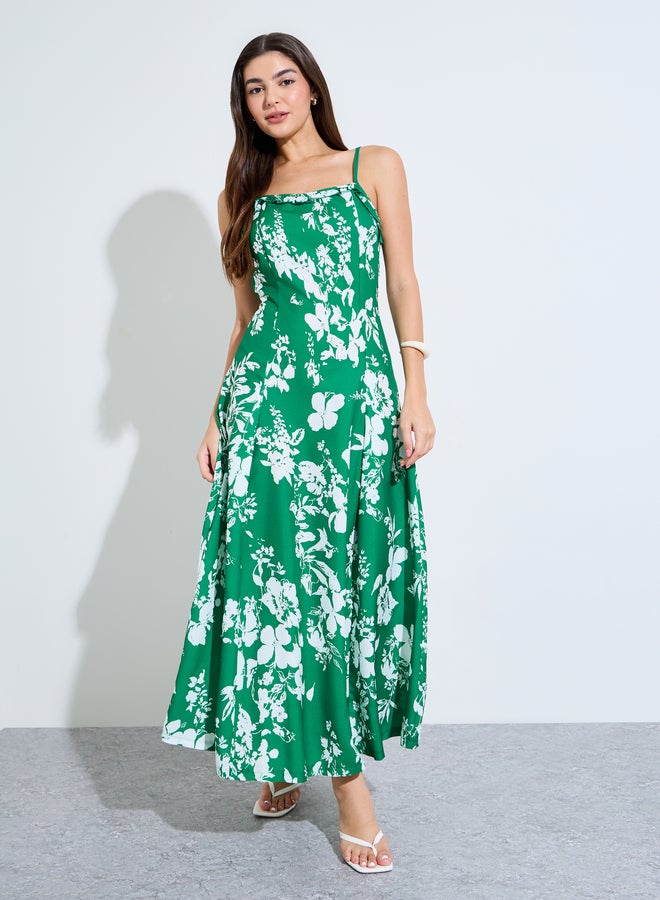Styli Green Floral Strappy A-Line Maxi Dress - Image 1
