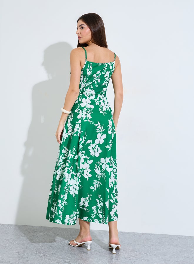 Styli Green Floral Strappy A-Line Maxi Dress - Image 3