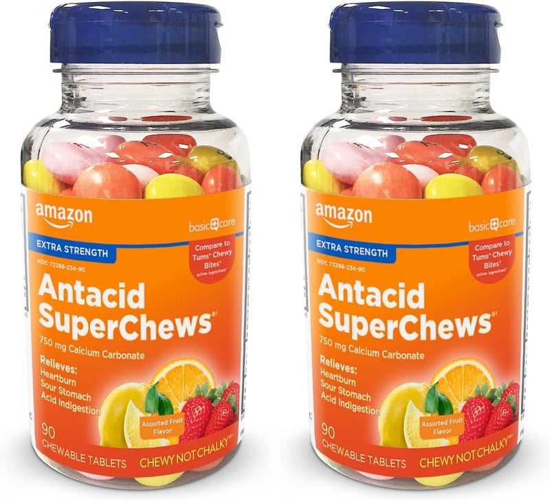 Care Extra Strength Antacid SuperChews Chewable Tablets Assorted Fruit 90 Count Previously SoundHealth Orange Pink Yellow Pack of 2 - Image 1