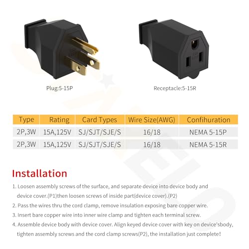 STARELO Extension Cord Ends 125V 15A 2Pole 3Wire Male Plug and Female Connector Straight Blade Plug Replacement Electrical Extension Cord End(Male & Female 5 Set) - Image 2