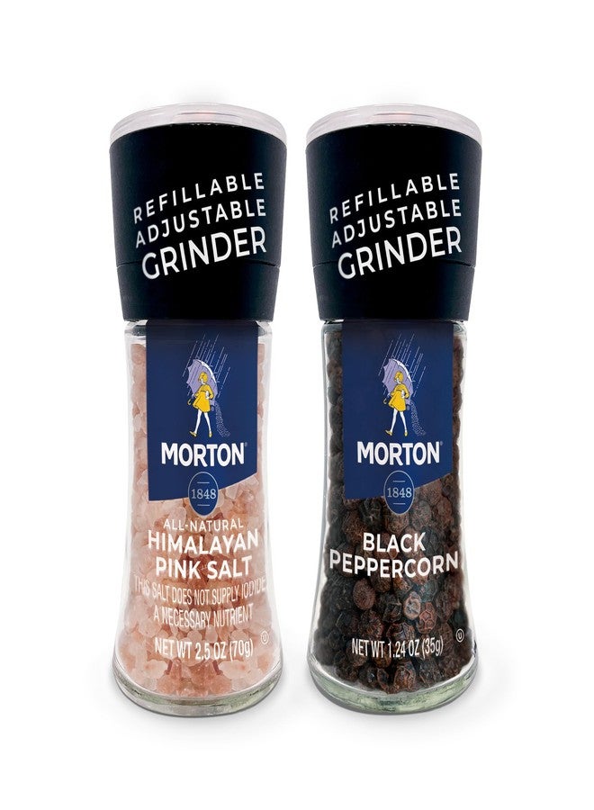Morton Grinder Set - Himalayan Pink Salt (2.5 oz) & Black Peppercorn (1.25 oz), 2-Pack, Adjustable & Refillable, Perfect for Cooking, Seasoning, and Finishing - Image 1