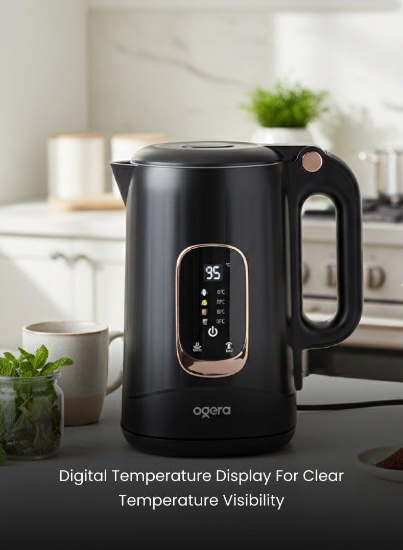 أوجيرا غلاية كهربائية بسعة 1.8 لتر مع شاشة رقمية لدرجة الحرارة | لوحة تحكم باللمس | جسم داخلي من الفولاذ المقاوم للصدأ | تقنية الغليان السريع | إيقاف تلقائي وحماية من الغليان الجاف - Image 3