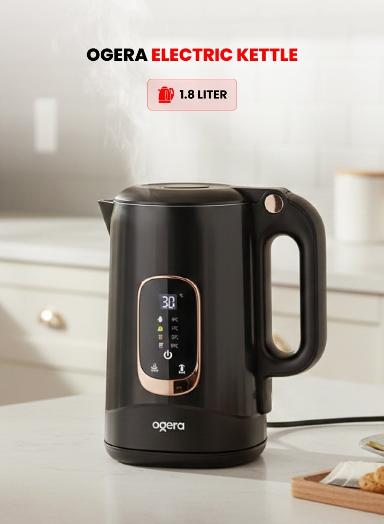 أوجيرا غلاية كهربائية بسعة 1.8 لتر مع شاشة رقمية لدرجة الحرارة | لوحة تحكم باللمس | جسم داخلي من الفولاذ المقاوم للصدأ | تقنية الغليان السريع | إيقاف تلقائي وحماية من الغليان الجاف - Image 1