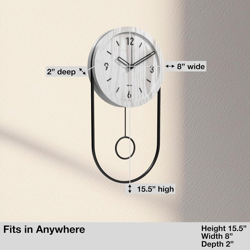 Driini Decorative Wall Clock with Pendulum (White) – Modern Wood, 3D Black Numbers, Metal Frame – Small, Unique Wall Clocks for Living Room Decor or Bathroom - Battery Operated, Silent, Non-Ticking - Image 3