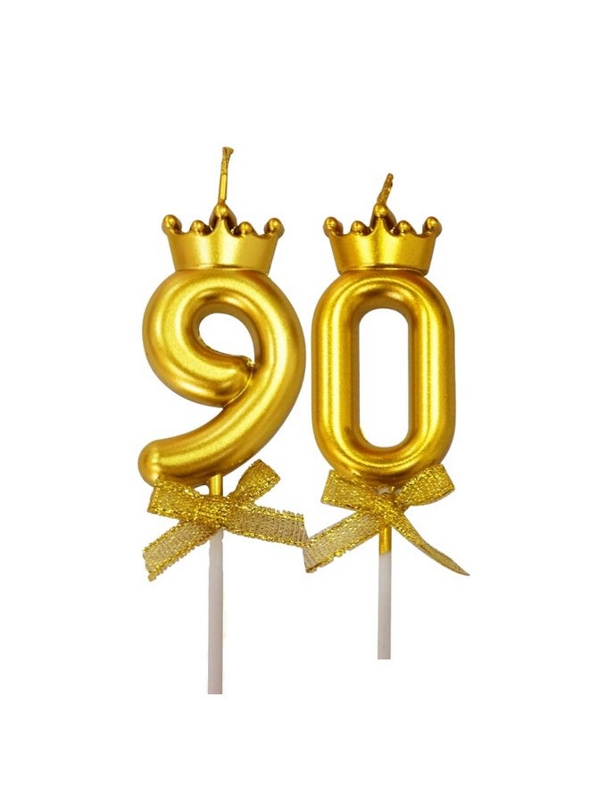 FI - FLICK IN 2 Pc 90 Number Candle for Birthday Cake Metallic Gold Number Candle with Crown on Top for Anniversary Cake Topper 90th Birthday Cake Decoration 0-9 Number Candles (Pack of 2, Gold) - Image 1
