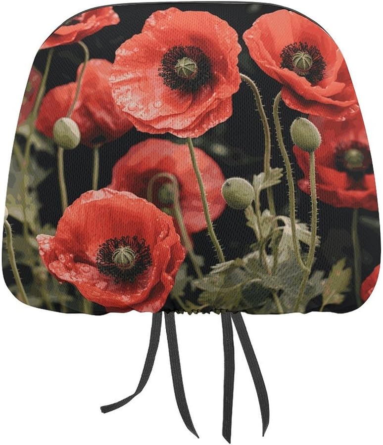 Red Poppy Flowers Car Headrest Cover 1 PCS Soft Elastic Universal Protector - Image 1