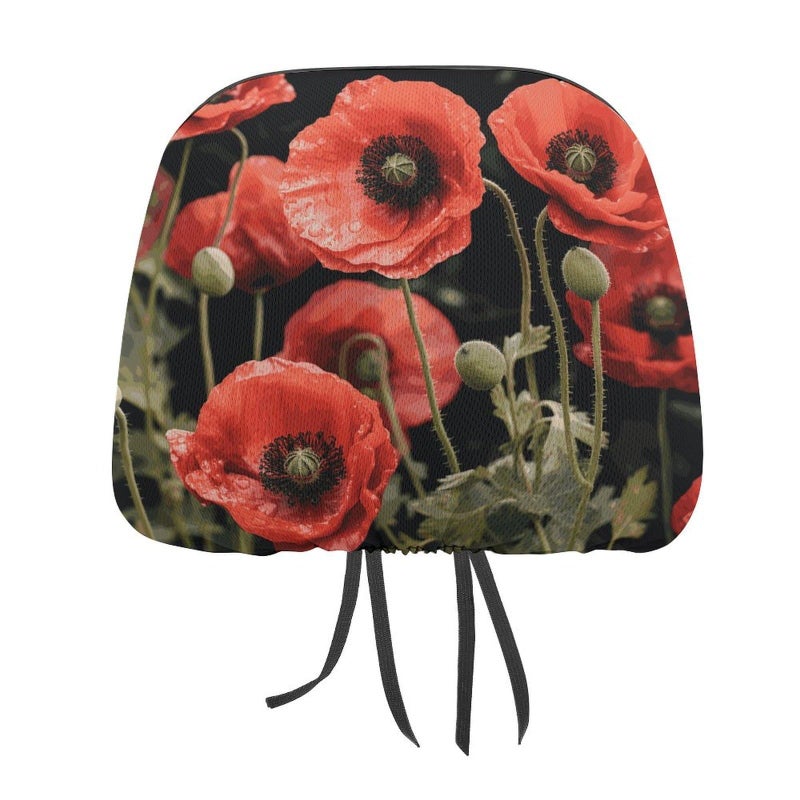 Red Poppy Flowers Car Headrest Cover 1 PCS Soft Elastic Universal Protector - Image 2