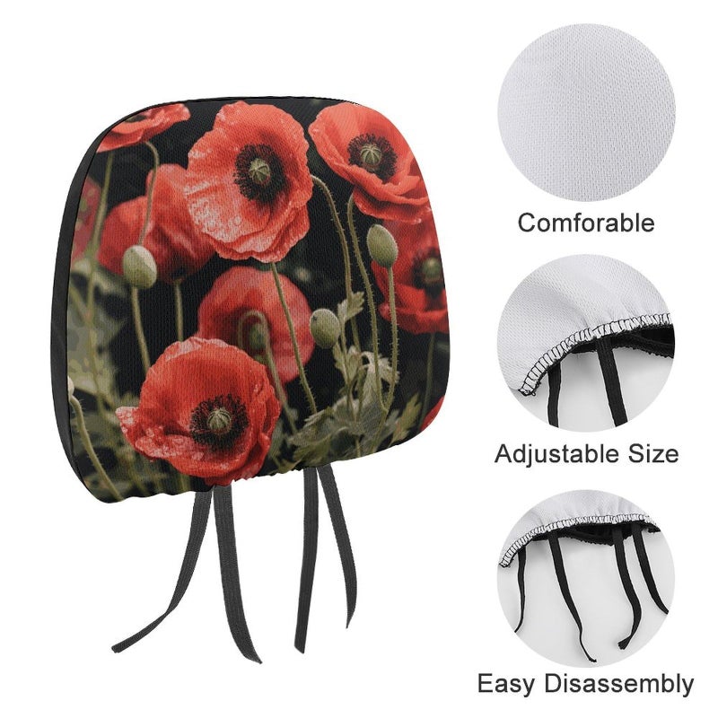 Red Poppy Flowers Car Headrest Cover 1 PCS Soft Elastic Universal Protector - Image 4