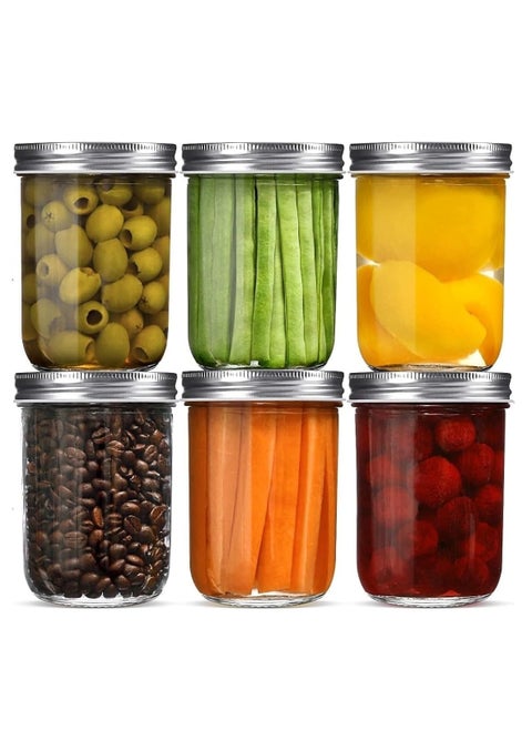 8oz Wide Mouth Jars [6 Pack] Glass Canning Jars With Metal Airtight Lids for Canning Fermenting Pickling Overnight Oats Jam
