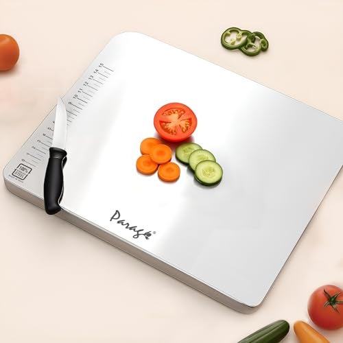 Parage Large Stainless Steel Chopping Board (41 x 31 cm) | Heavy Duty Metal Cutting Board with Anti-Skid Silicone Pads | Durable, Rust-Proof Kitchen Board for Vegetables, Meat & Fruits - Image 1