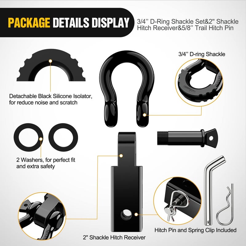 Nilight Shackle Hitch Receiver 2Inch 45000 LBs Breaking Strength 3/4" D Ring Shackle w/Trailer Hitch Pin Heavy Duty Solid Recovery Towing Kit for Trucks Jeeps Off-Road,2 Years Warranty - Image 4