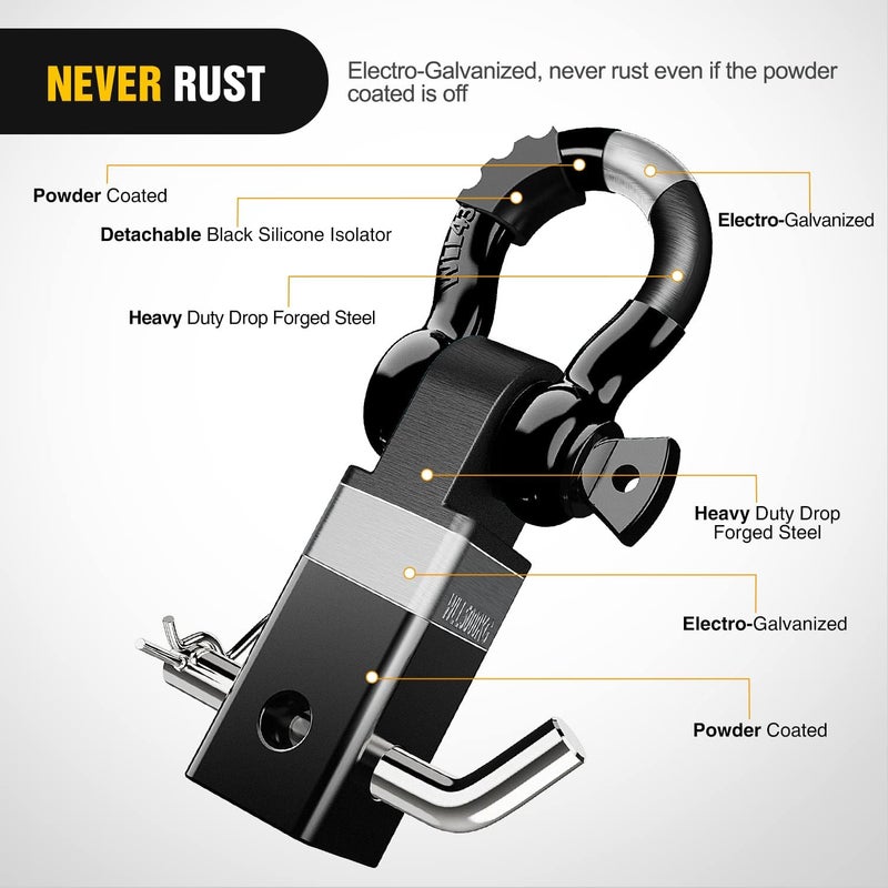 Nilight Shackle Hitch Receiver 2Inch 45000 LBs Breaking Strength 3/4" D Ring Shackle w/Trailer Hitch Pin Heavy Duty Solid Recovery Towing Kit for Trucks Jeeps Off-Road,2 Years Warranty - Image 3