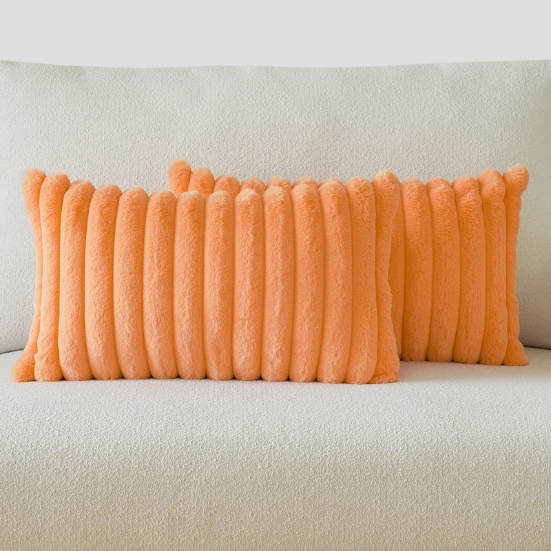 Soleebee Set of 2 Throw Pillow Covers Soft Cozy Velvet Pillowcase Faux Rabbit Fur Cover for Couch Sofa Bed Chair Home Decorative Pillows Cover (12x20 Inch  Orange)