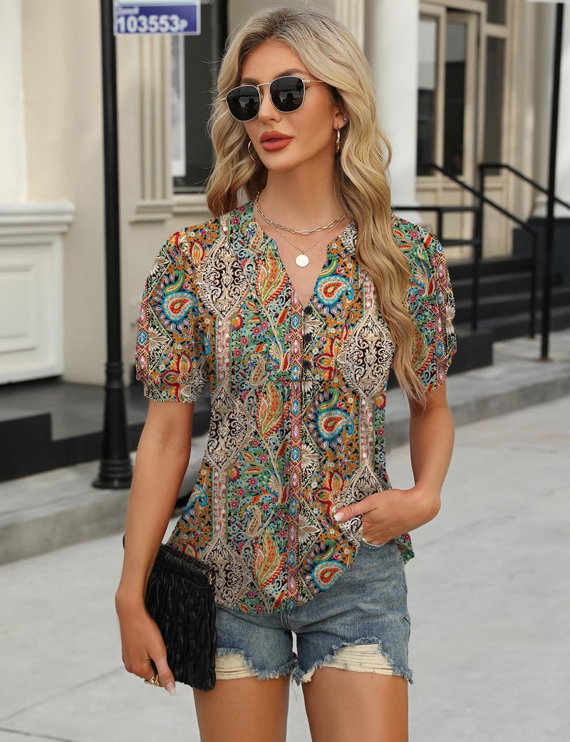 IECCP Blouses for Women Dressy Casual Puff Short Sleeve Tops Henley V Neck Pleated Shirts 2025 Spring Summer Fashion Trendy Boho Tops (New Ethnic Print,L) - Image 4