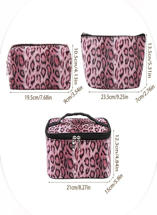 Kaxich 3PCS Leopard Print Makeup Bag Set, PU Leather Cosmetic Pouch Organizer Large Toiletry Bag with Zipper Closure for Women Girls (Rose) - Image 3
