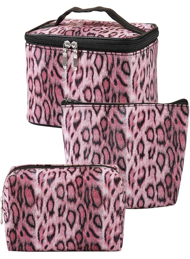 Kaxich 3PCS Leopard Print Makeup Bag Set, PU Leather Cosmetic Pouch Organizer Large Toiletry Bag with Zipper Closure for Women Girls (Rose) - Image 1