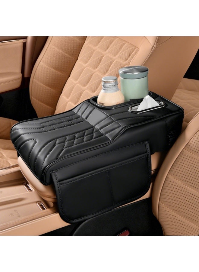 ET-LIFE Car Tissue Holder - Multifunctional Car Center Console Armrest, Car Armrest Cushion with Cup Holder, Tissue Box, Side Pockets, Black - Image 1