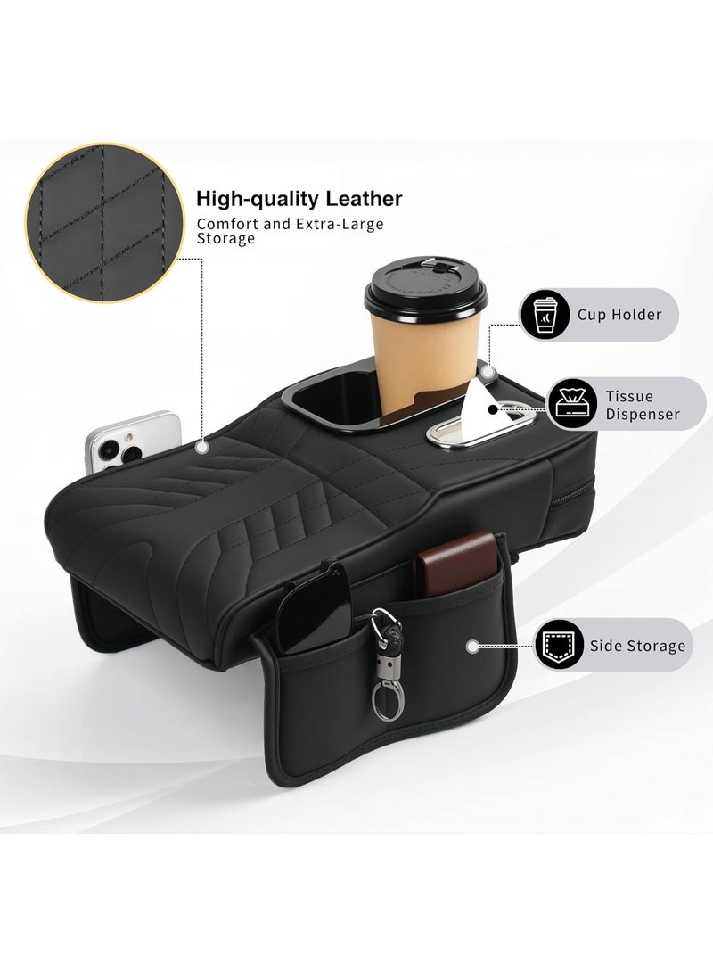 ET-LIFE Car Tissue Holder - Multifunctional Car Center Console Armrest, Car Armrest Cushion with Cup Holder, Tissue Box, Side Pockets, Black - Image 2