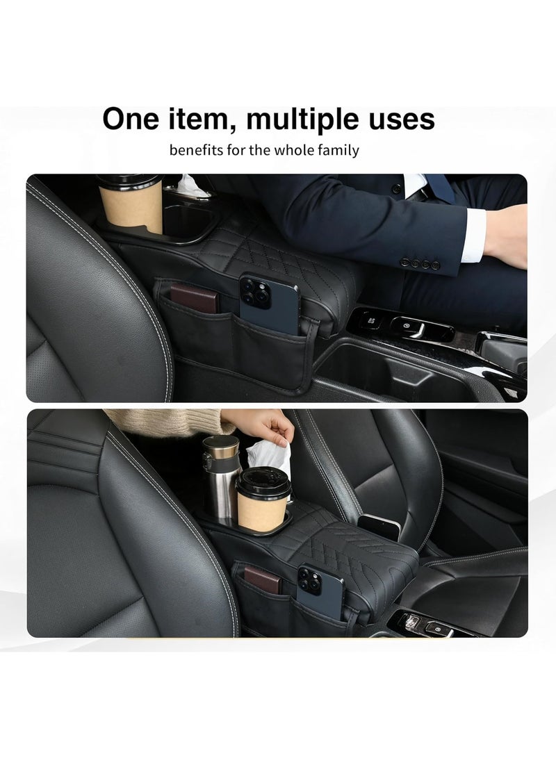 ET-LIFE Car Tissue Holder - Multifunctional Car Center Console Armrest, Car Armrest Cushion with Cup Holder, Tissue Box, Side Pockets, Black - Image 3
