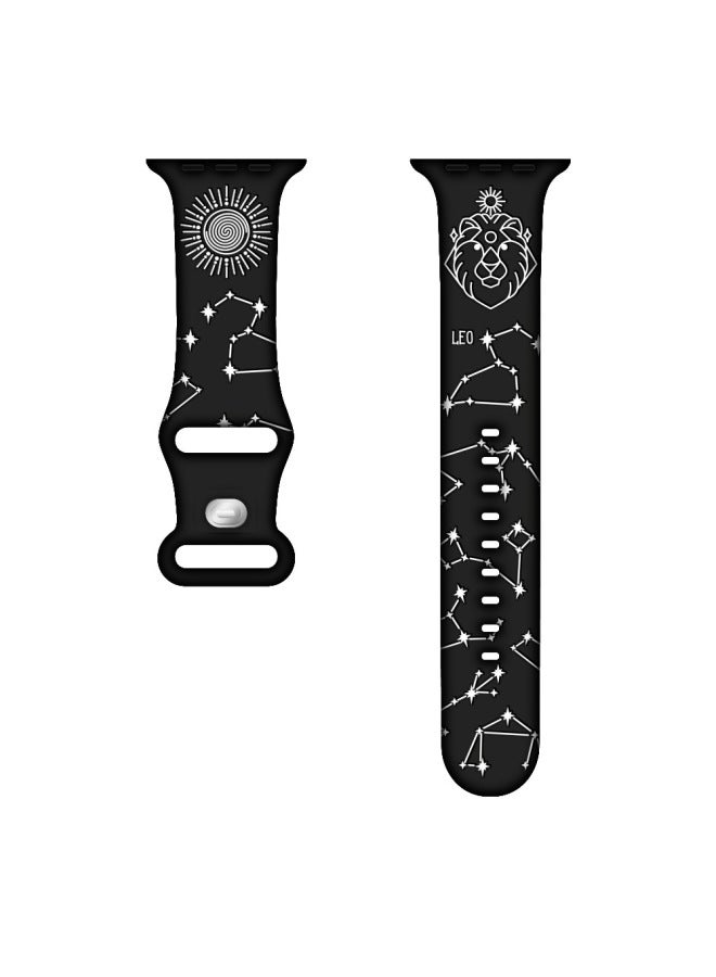 Loquat Suitable For Apple Watch For Apple Laser Carving Double Color Carved Twelve Constellation erfly Buckle Silicone Strap-Color:Black Series 05# Leo-Exterior Dimension:42/44/45/49MM Lengthened  - Image 1