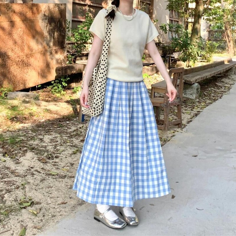 Korean Style Design Sense Blue Plaid Skirt Women'S Plus Size Chubby Girl Autumn New Flesh Covering Pleated Slim Plaid Long Skirt - Image 3