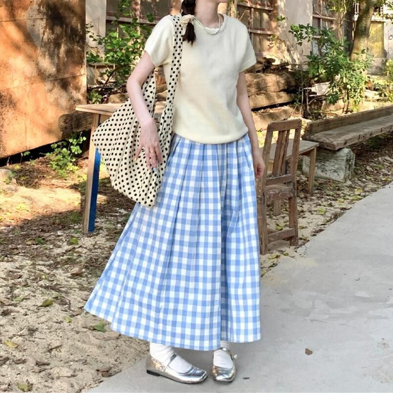 Korean Style Design Sense Blue Plaid Skirt Women'S Plus Size Chubby Girl Autumn New Flesh Covering Pleated Slim Plaid Long Skirt - Image 4