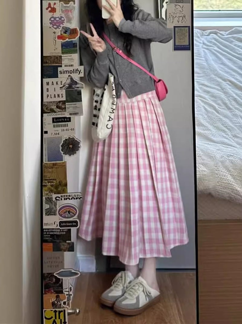 Korean Style Design Sense Blue Plaid Skirt Women'S Plus Size Chubby Girl Autumn New Flesh Covering Pleated Slim Plaid Long Skirt - Image 1