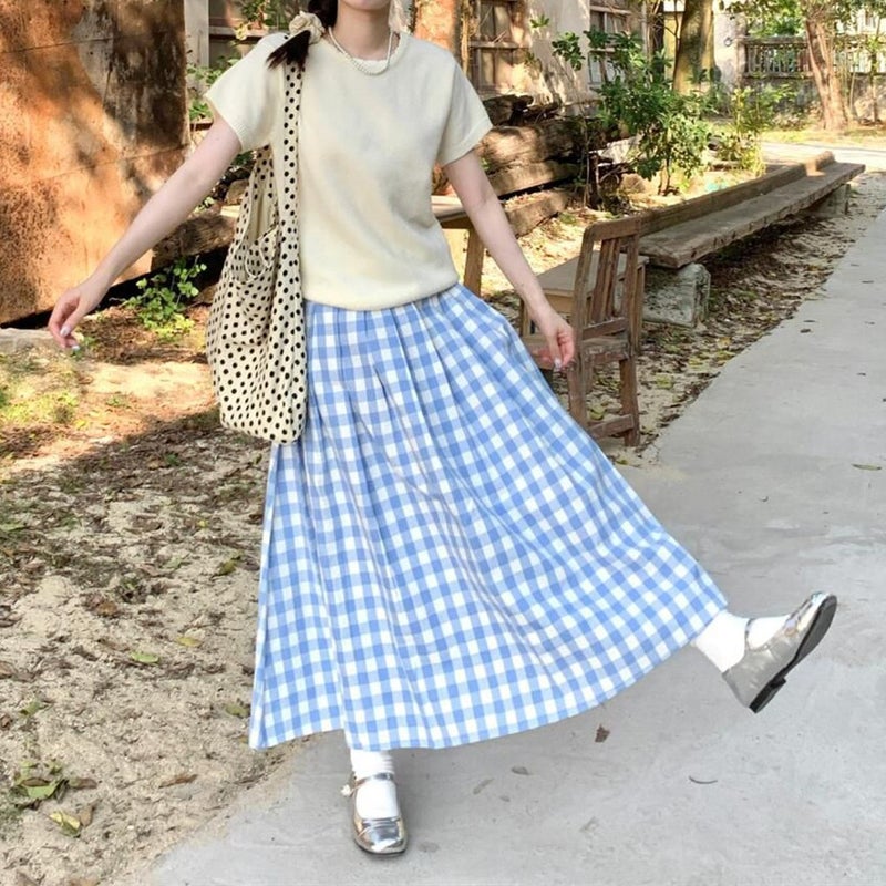 Korean Style Design Sense Blue Plaid Skirt Women'S Plus Size Chubby Girl Autumn New Flesh Covering Pleated Slim Plaid Long Skirt - Image 2