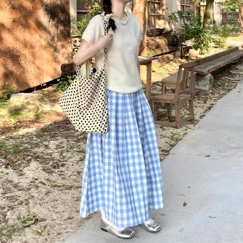 Korean Style Design Sense Blue Plaid Skirt Women'S Plus Size Chubby Girl Autumn New Flesh Covering Pleated Slim Plaid Long Skirt - Image 5
