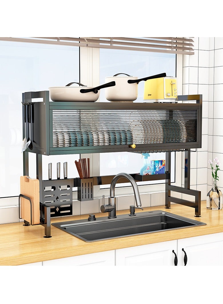 The Sink Dish Drainer Drying Rack,2 Tier Dish Drying Rack for Kitchen Counter, Large Dish Drying Rack with Flip Door, Over Sink Dish Drying Rack for Family Use,Dust-Proof,85cm - Image 1