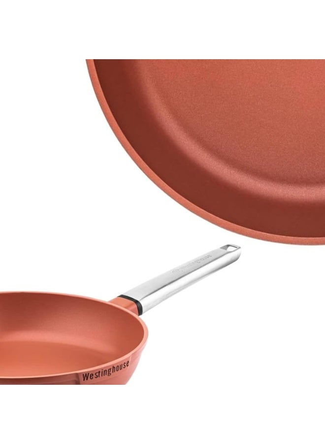 Westinghouse طقم طهي أمريكي مقلاة أداء 28 سم غير لاصقة - ألمنيوم مصبوب مع طلاء كوانتانيم آمن للاستخدام على الموقد والفرن مقبض من الفولاذ المقاوم للصدأ بلمسة باردة - برتقالي - Image 4