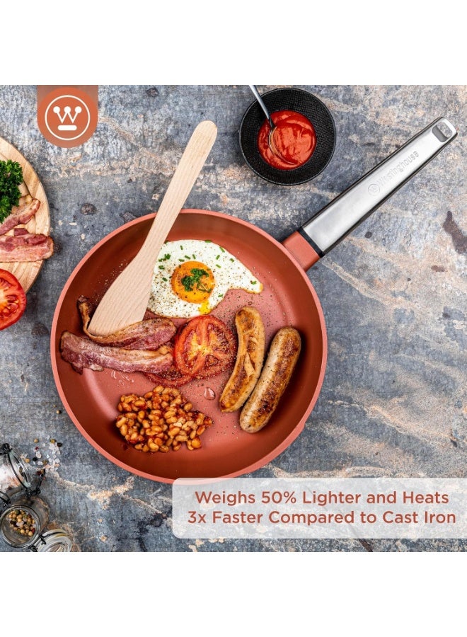 Westinghouse طقم طهي أمريكي مقلاة أداء 28 سم غير لاصقة - ألمنيوم مصبوب مع طلاء كوانتانيم آمن للاستخدام على الموقد والفرن مقبض من الفولاذ المقاوم للصدأ بلمسة باردة - برتقالي - Image 2