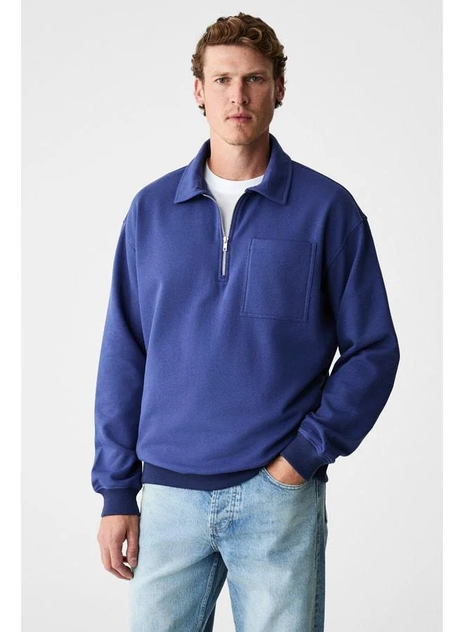 GRIMELANGE SHIFTD Men's Crew Neck Long Sleeve Zip Indigo Sweatshirt.