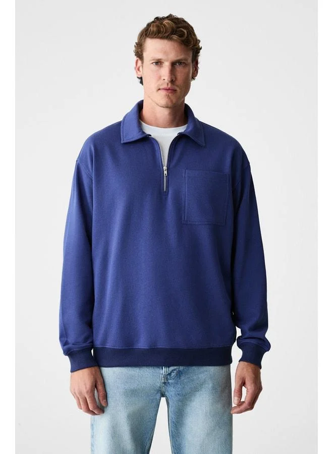 GRIMELANGE SHIFTD Men's Crew Neck Long Sleeve Zip Indigo Sweatshirt.