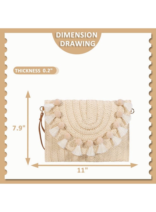 QTKJ Straw Crossbody Bag For Women Clutch Purses Bohemian Handmade Woven Handbags Tassels Summer Beach Bag Envelope Wallet(White) - Image 2