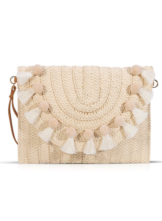 QTKJ Straw Crossbody Bag For Women Clutch Purses Bohemian Handmade Woven Handbags Tassels Summer Beach Bag Envelope Wallet(White) - Image 1