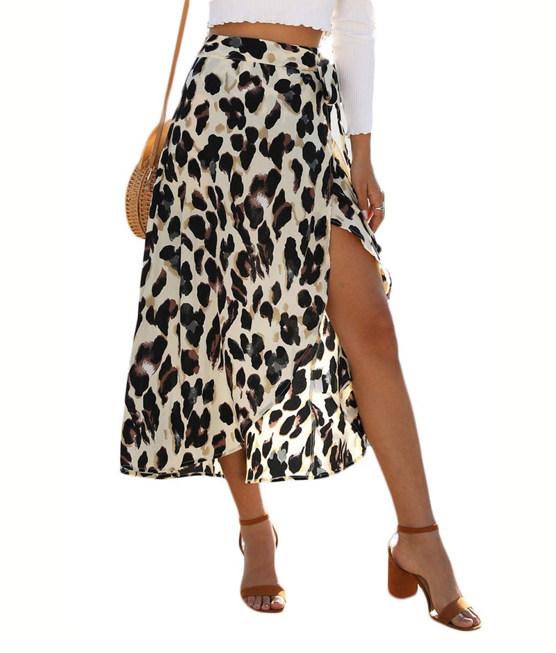 Newchoice Summer Skirts for Women, Asymmetrical Hem Leopard Printed Wrap Skirt (M,Leopard Khaki) - Image 1