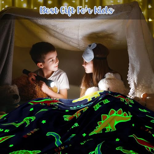 BLiSS HUES Glow in The Dark Blanket Dinosaur | 200 x 152cm/ 80 x 60 inch |Gifts for Toddler- Kids-Teen Girls | Bedroom Decor | All Season Luminous Blanket- Dark Blue - Image 4
